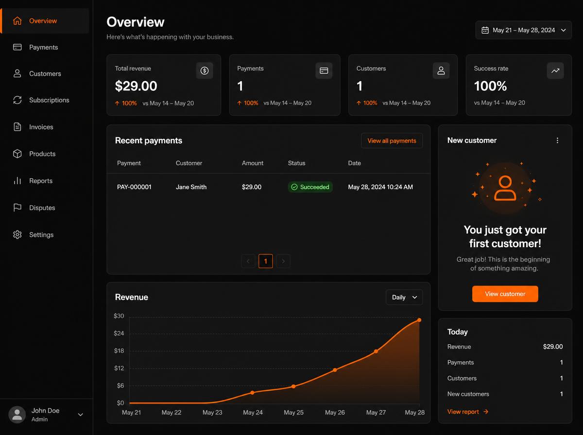 A payments dashboard showing a first customer payment